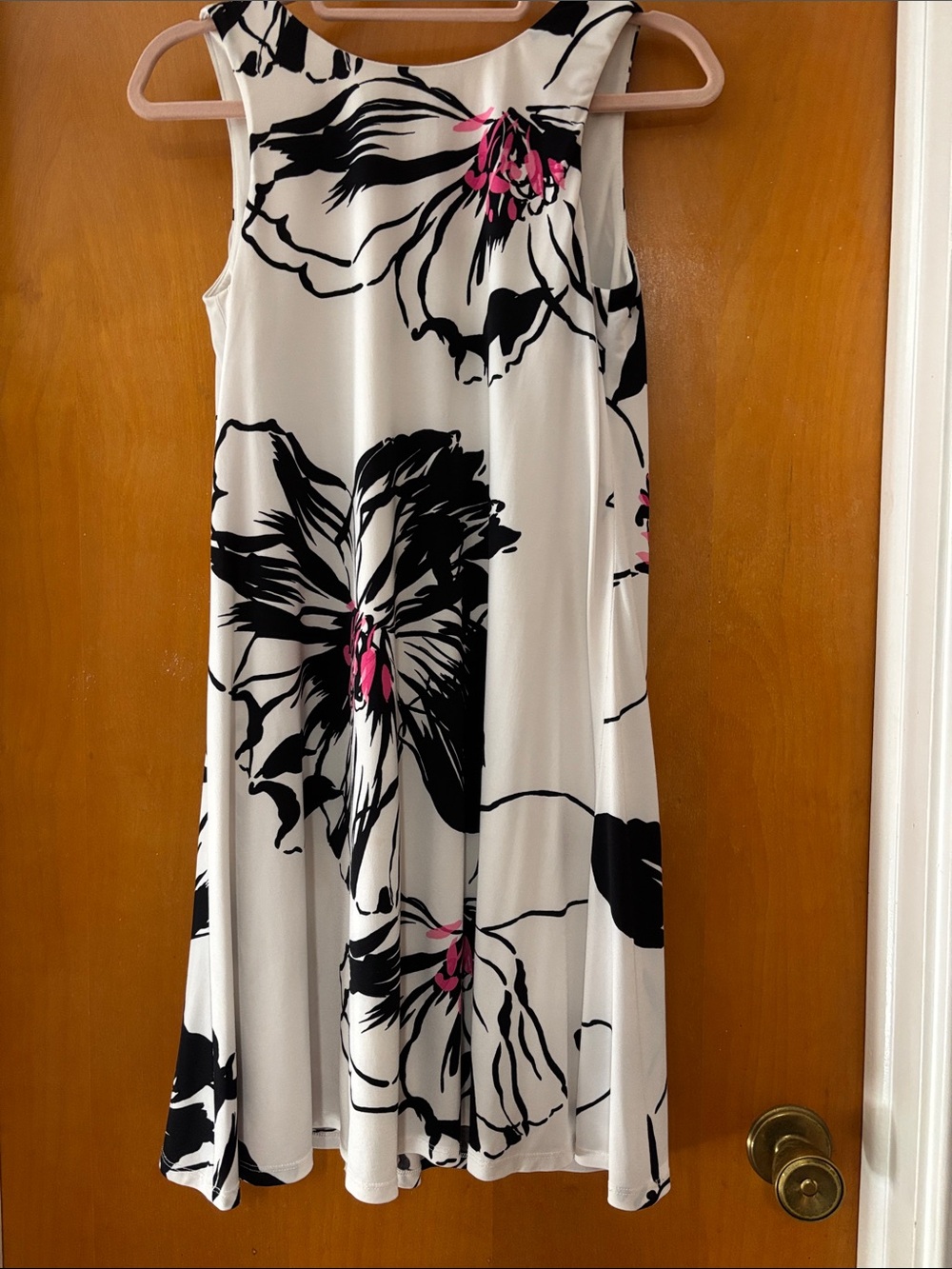 Anne Klein White Midi Dress with Black Floral Print and Pink Accents
